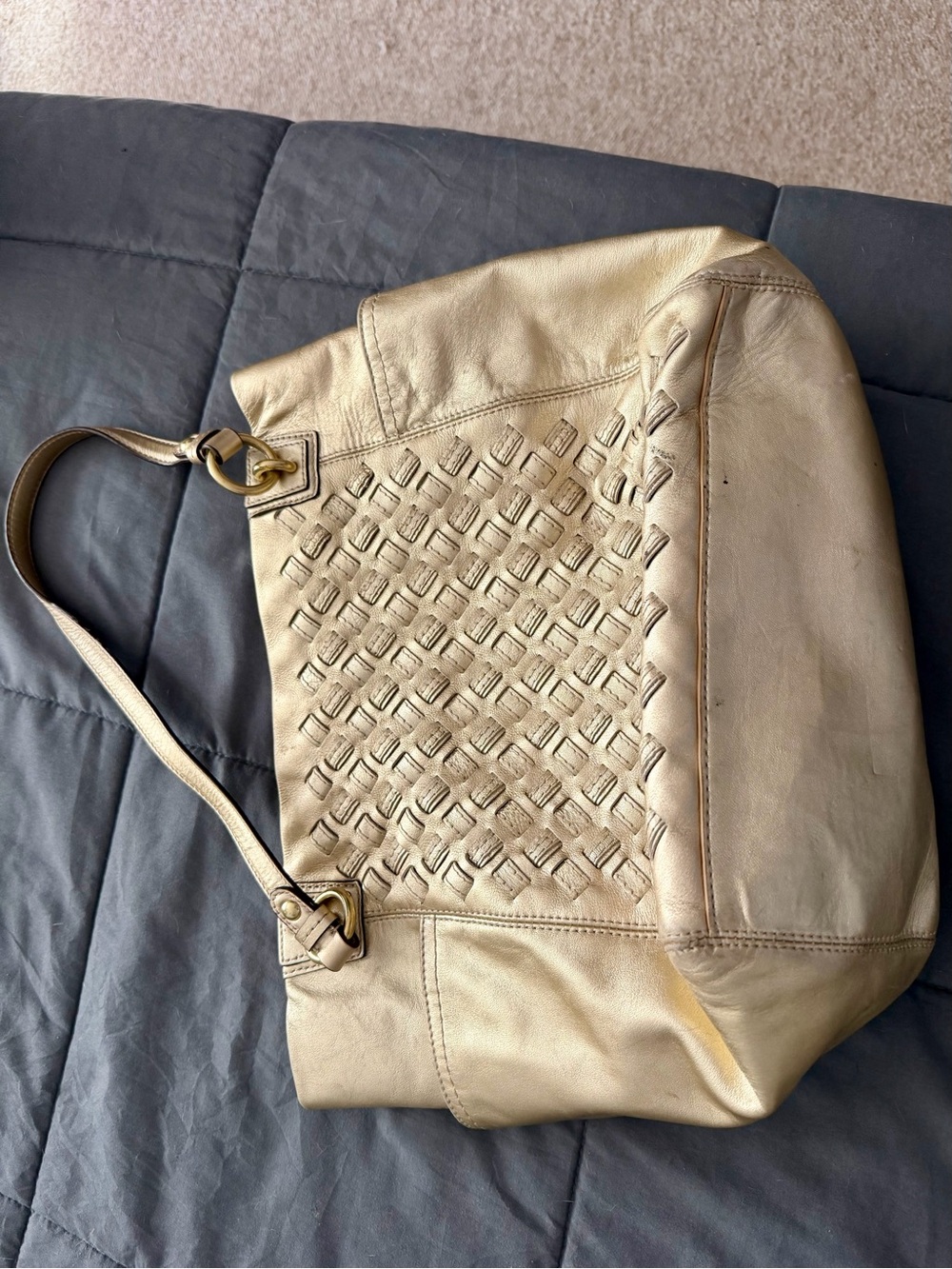 Coach North South Woven Metallic Gold Leather Shoulder Bag,